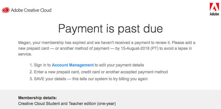 adobe payment is past due