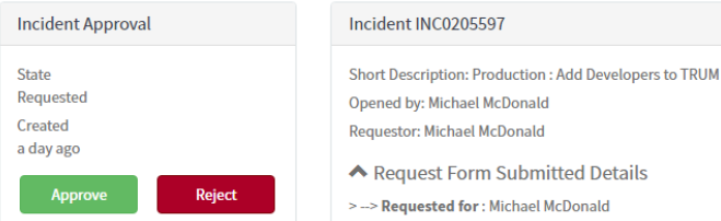 Example of an incident with approve and reject button options