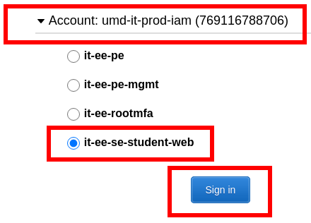 AWS sign-in role menu with the account, student web, and sign in highlighted