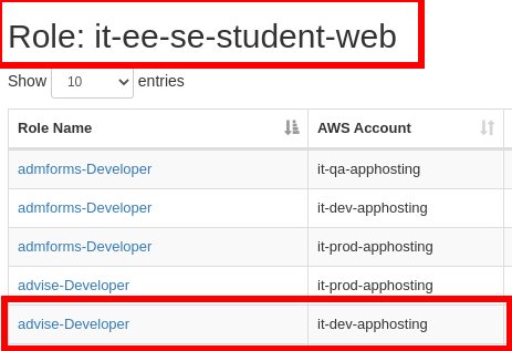 AWS role switching with the current role and another role highlighted