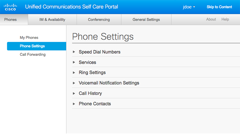 Cisco Self Care Portal phone settings page
