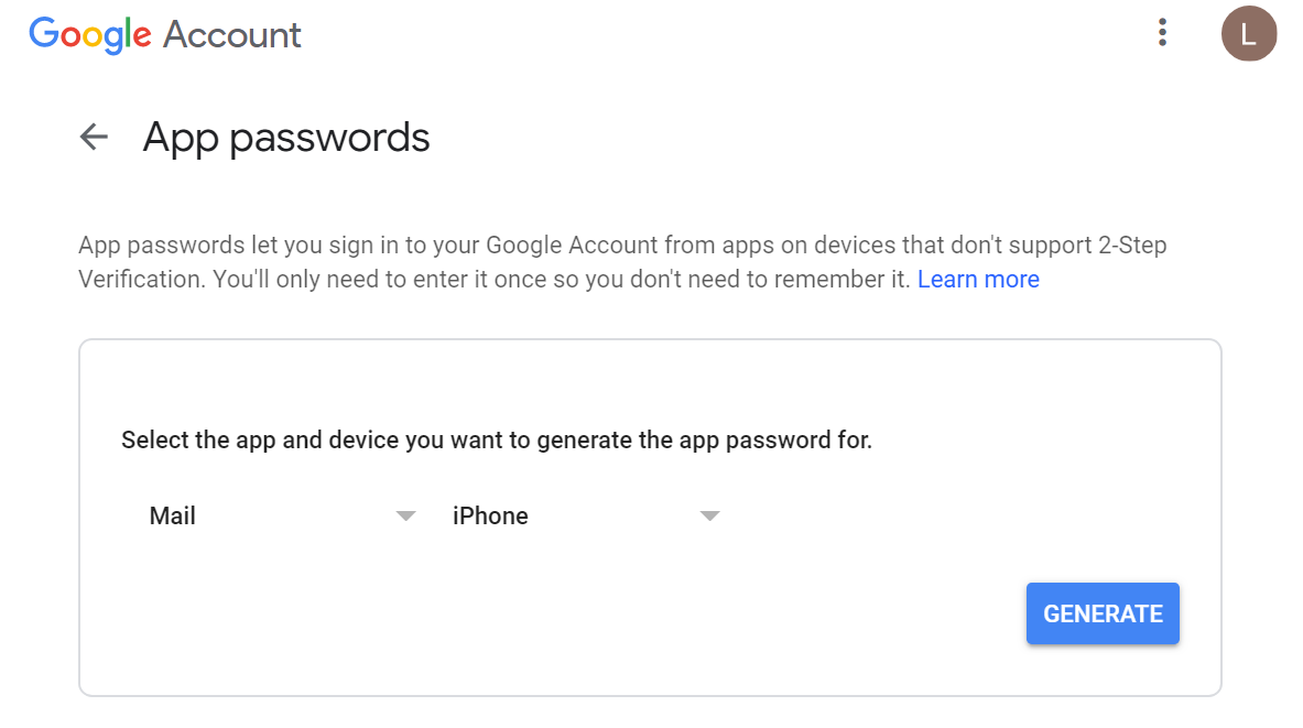 Click Generate to create an app password