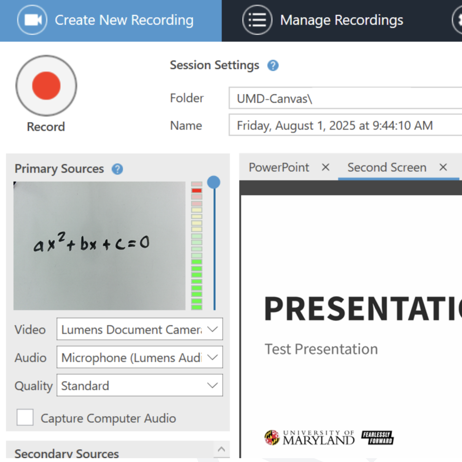The doc cam is displayed in the primary sources section of the screen.