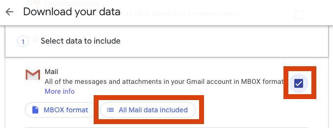 Select Mail and then click All Mail data included under Mail.