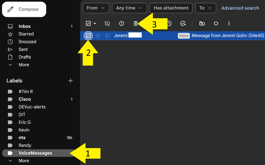 Delete voice messages from the Gmail trash.