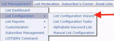 List management drop down menu with list configuration menu open and highlighting list configuration wizard