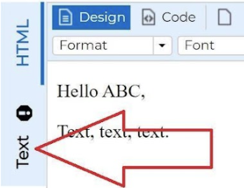 Screen shot showing how to switch between HTML and Text in the email body.