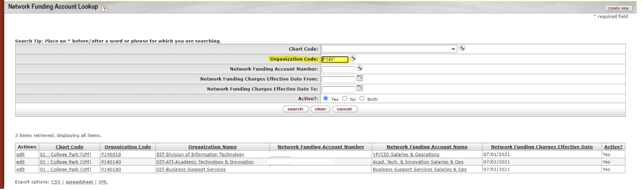 Screenshot of Network funding account lookup search with wildcard P140*.