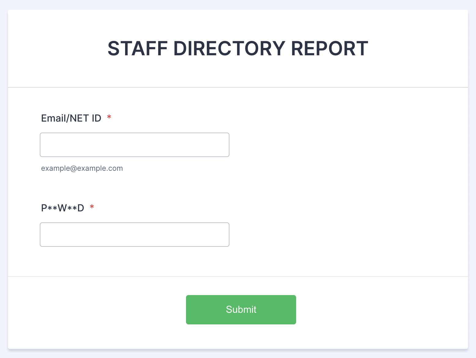 Fake Staff Directory Report form asking for the user to submit their email and password.