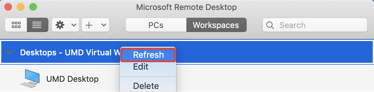 Right click the heading to refresh the list of desktops