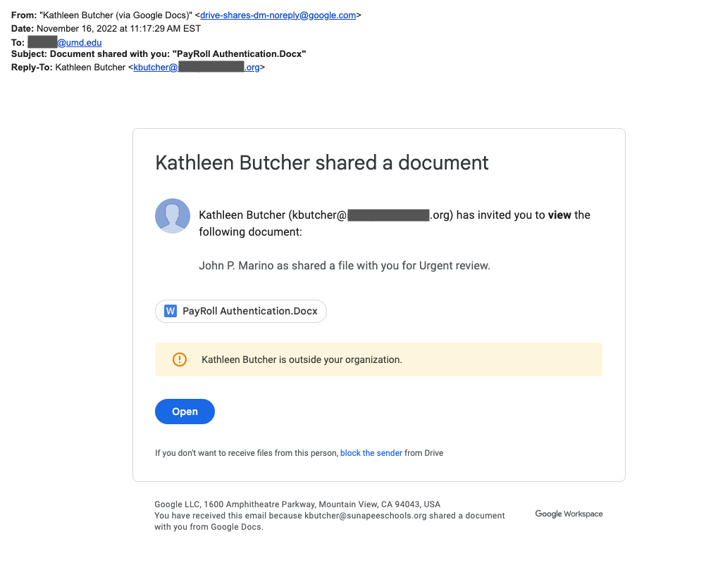 Email about a shared document from a user outside the university.