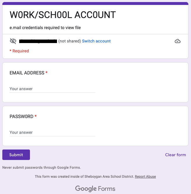 Fake Work/School Account collection form with multiple typos.