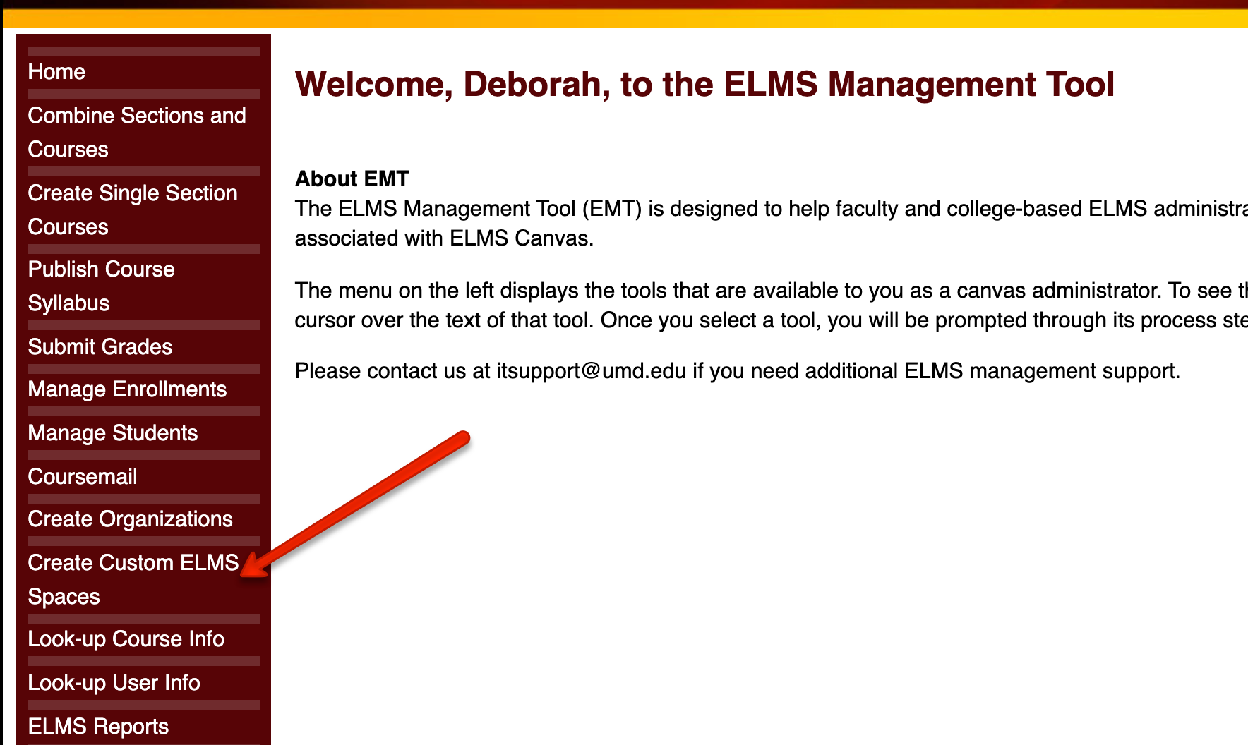 Click Create Custom ELMS Spaces