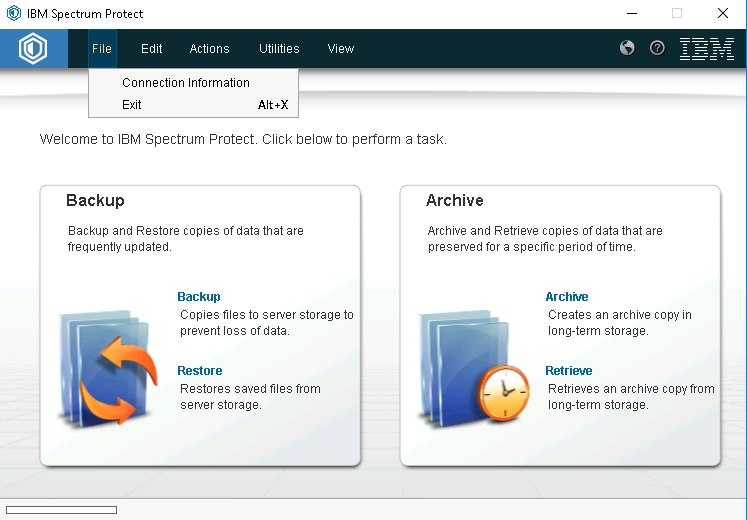 IBM Spectrum Protect file dropdown menu