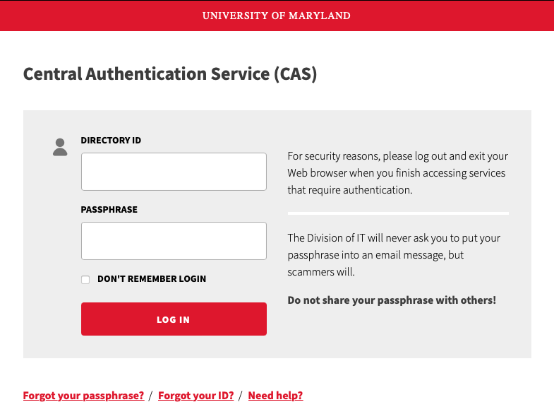 University of Maryland's Central Authentication Service login page. 
