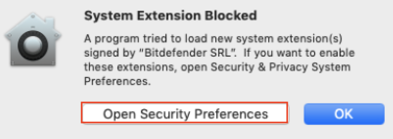 System Extensions Blocked popup. Open System Settings.