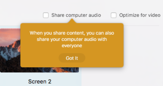 Share computer audio checkbox. When you share content you can also share your computer audio with everyone.