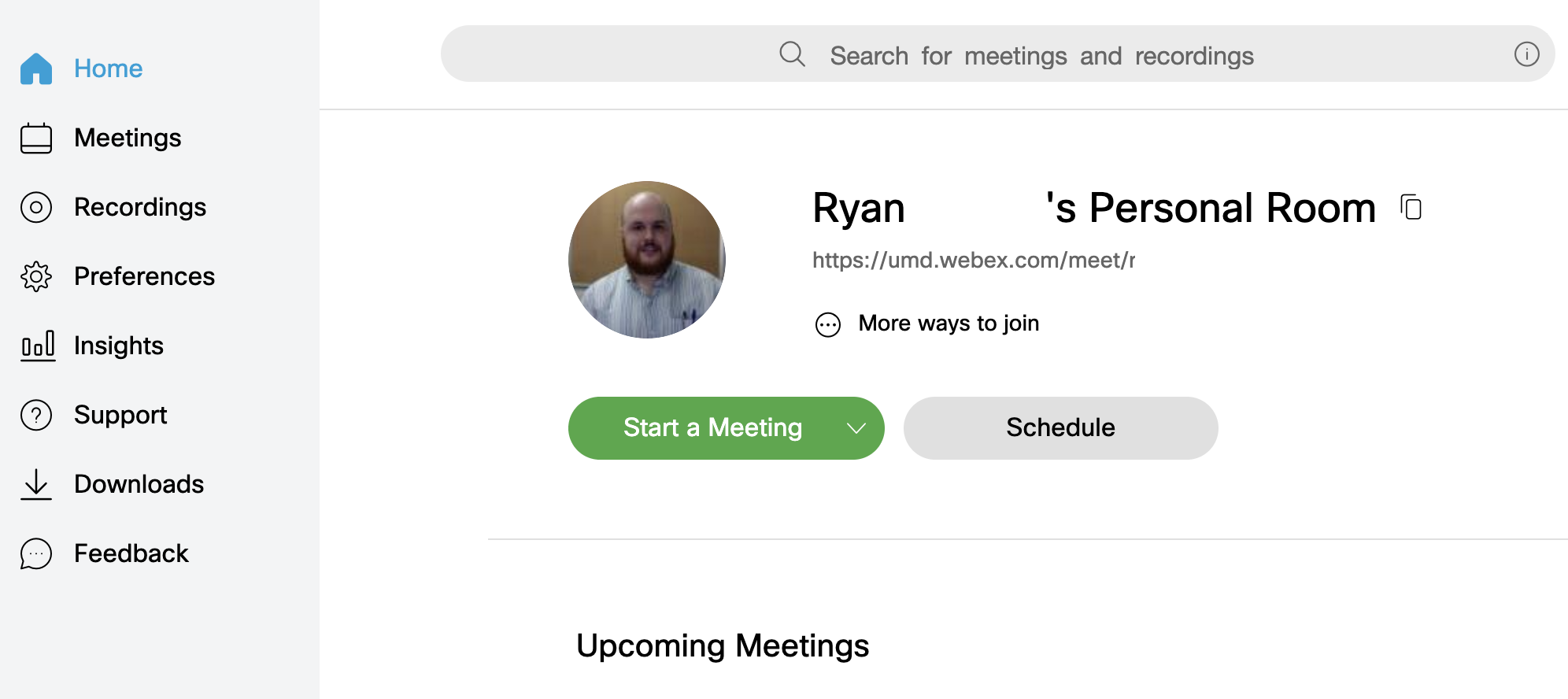 home page for Webex Modern View profile