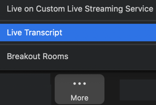 Live Transcript button highlighted in the More menu